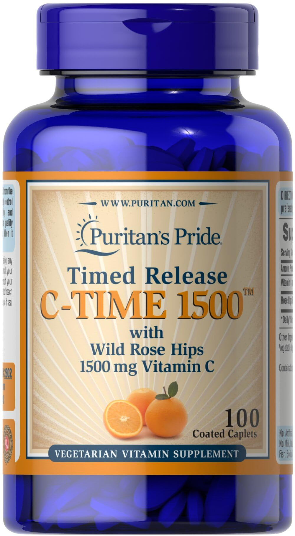 Puritan's Pride Vitamin C 1500 mg with Rose Hips Caplets bottle – 100 count