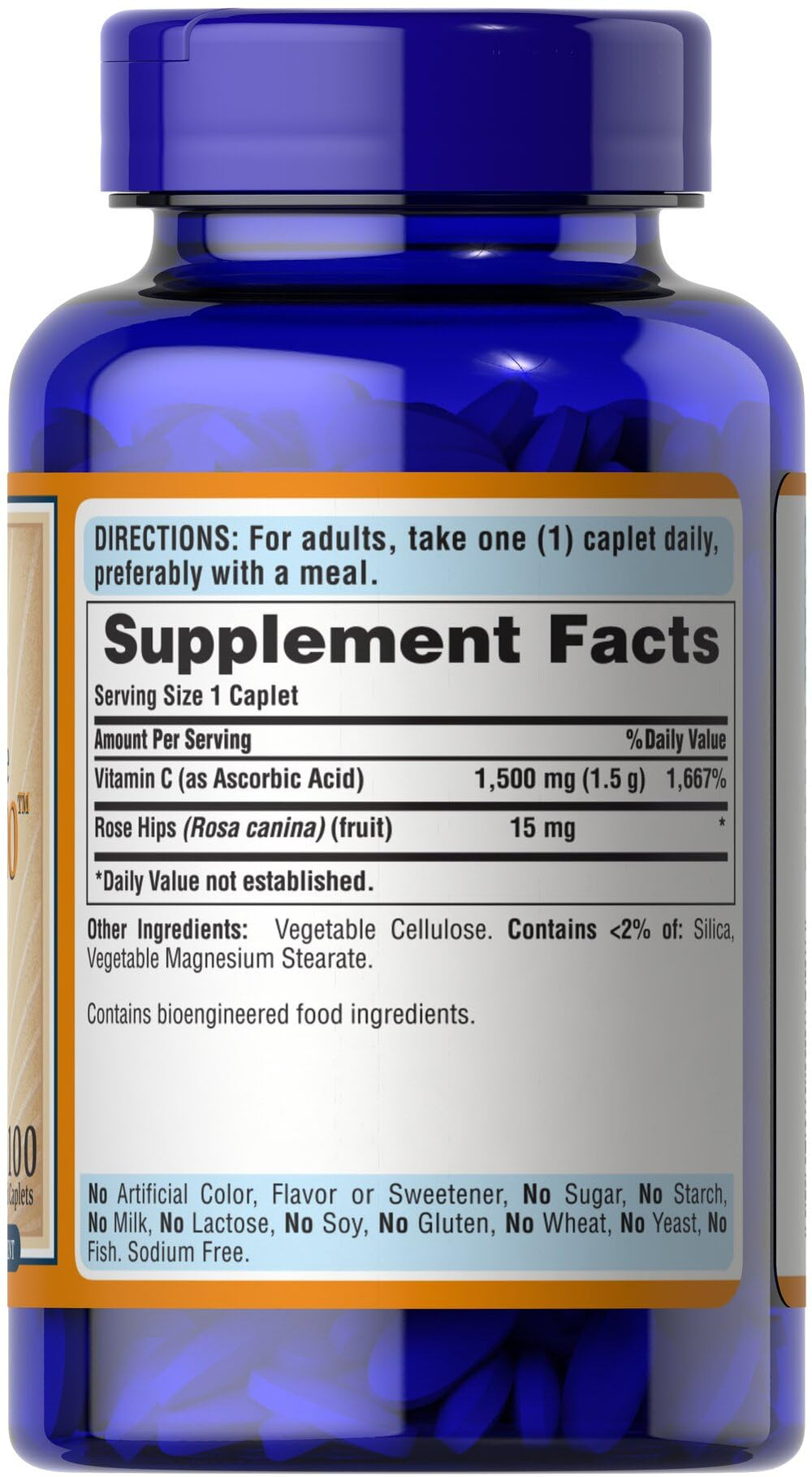 Pack shot of Puritan's Pride Vitamin C 1500 mg with Rose Hips Caplets bottle