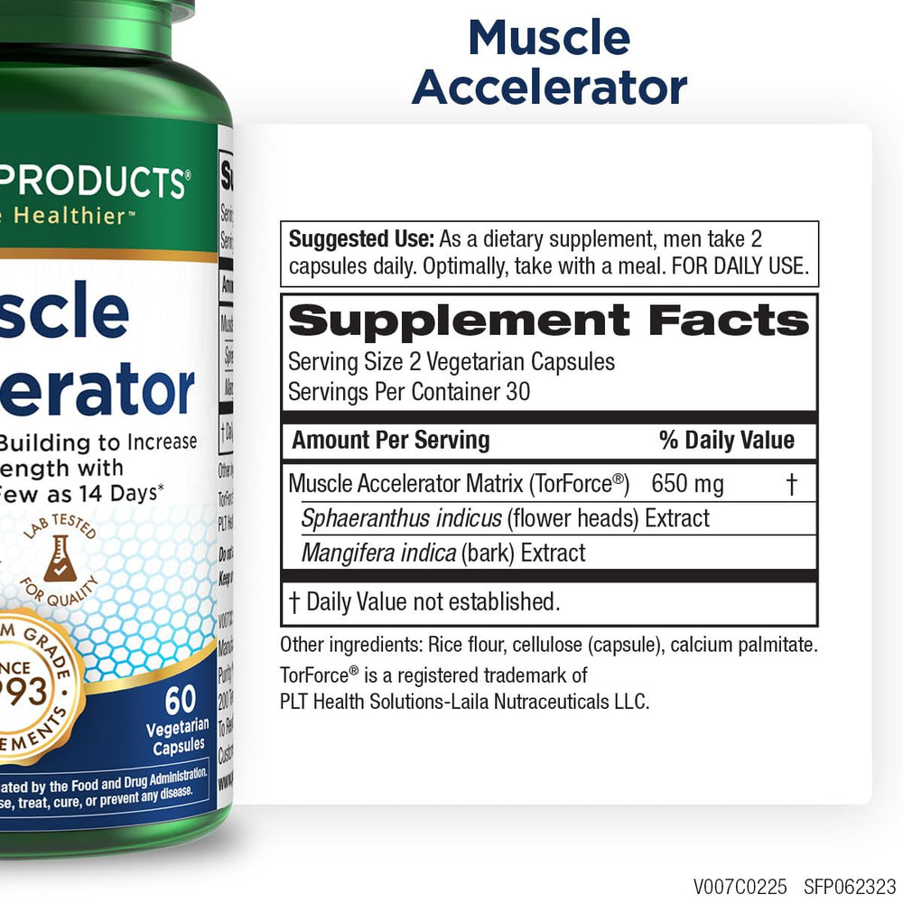 Purity Muscle Accelerator bottle with 60 vegetarian capsules displayed