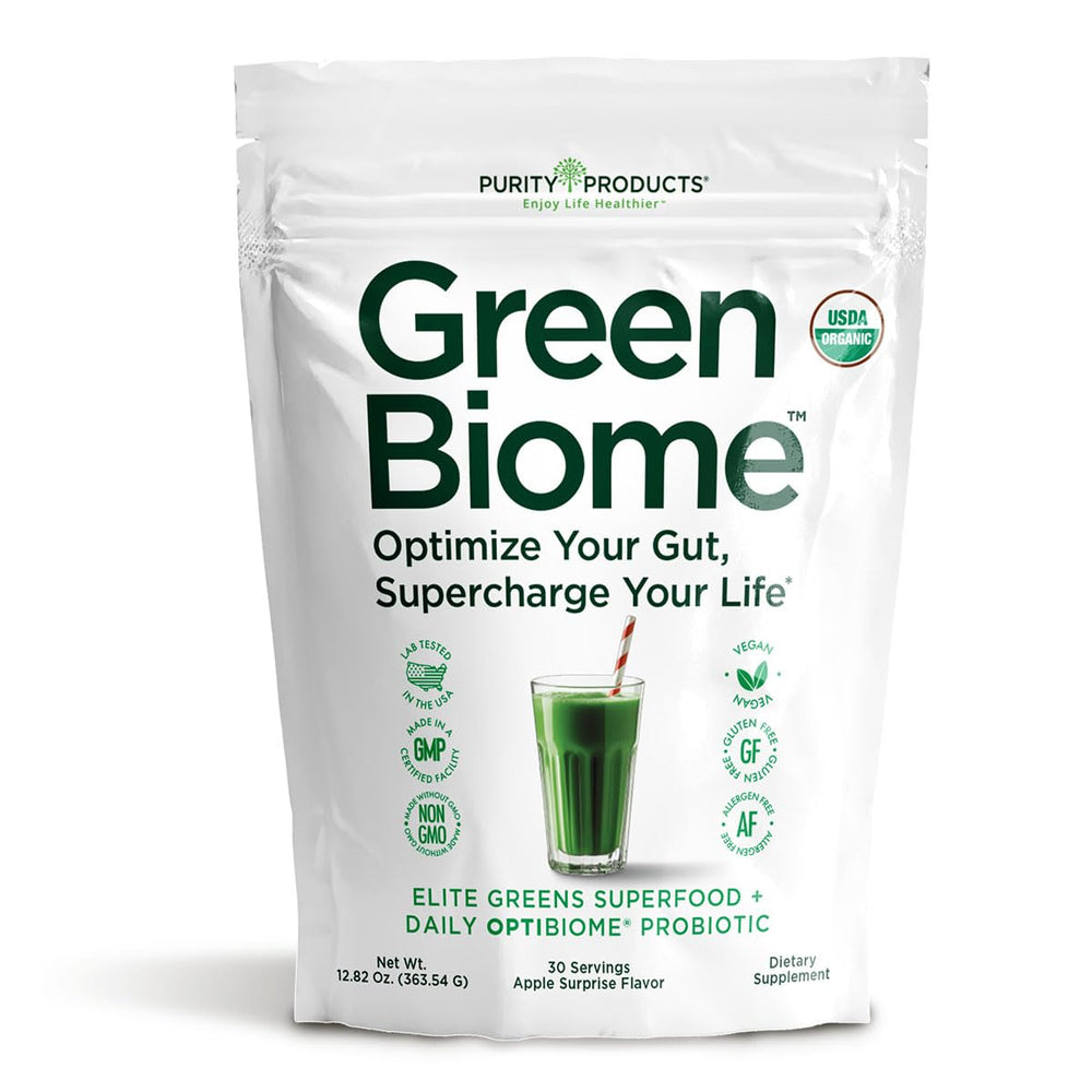 Purity Products Green Biome front packaging showing organic apple flavor and benefits