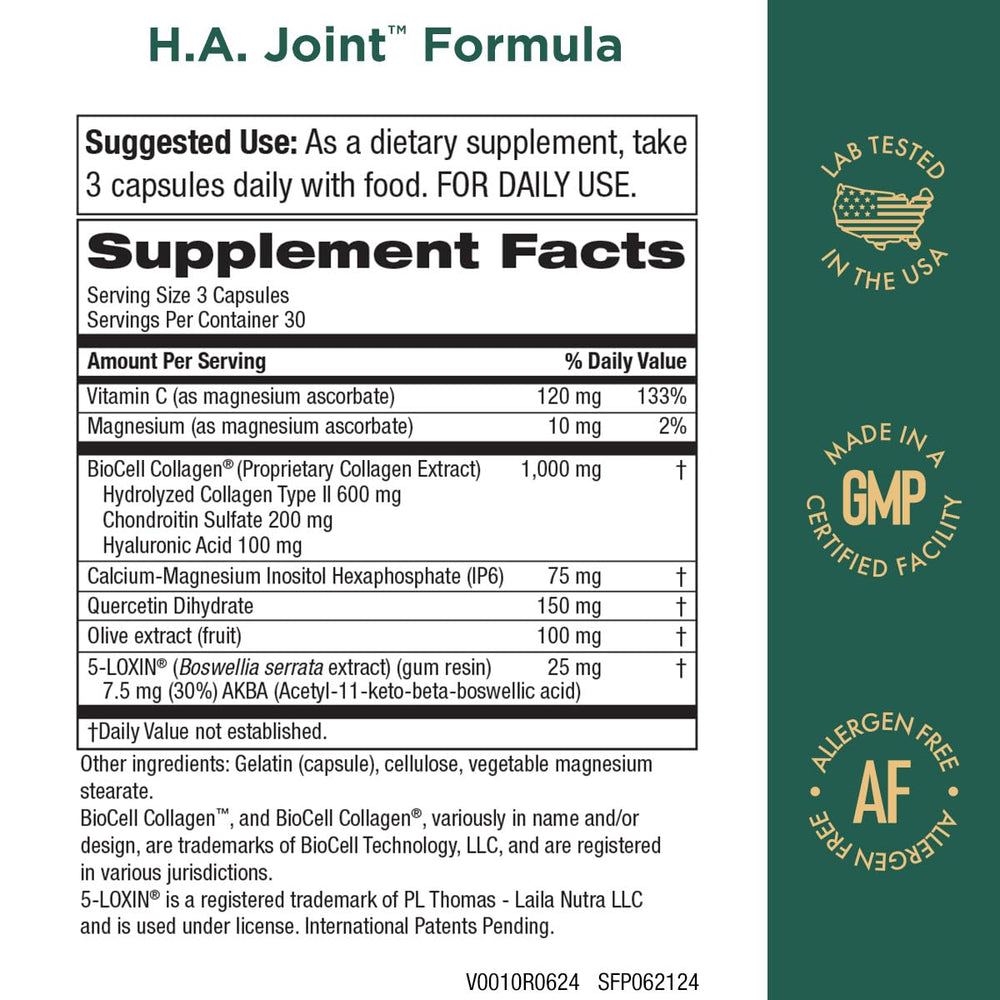 Purity Products HA Joint Formula capsules ready for easy daily intake.