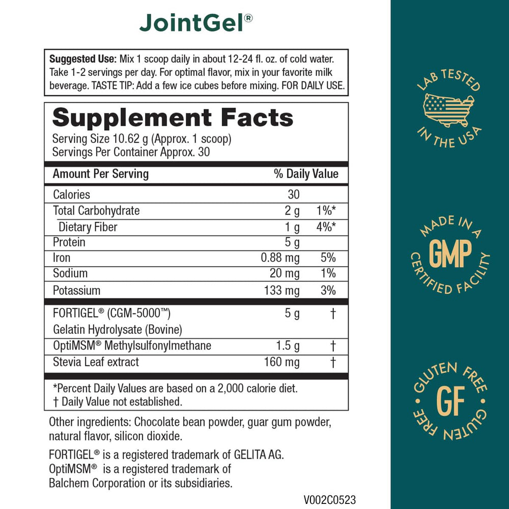 JointGel packaging promoting collagen peptides and OptiMSM for the joint matrix