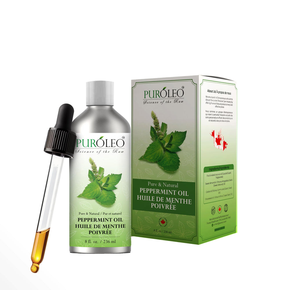 PURÓLEO Peppermint Oil 8oz bottle showcases pure, refreshing aroma for daily aromatherapy.