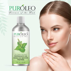 PURÓLEO Peppermint Oil skin-care application suggests a refreshing routine for the face and body.