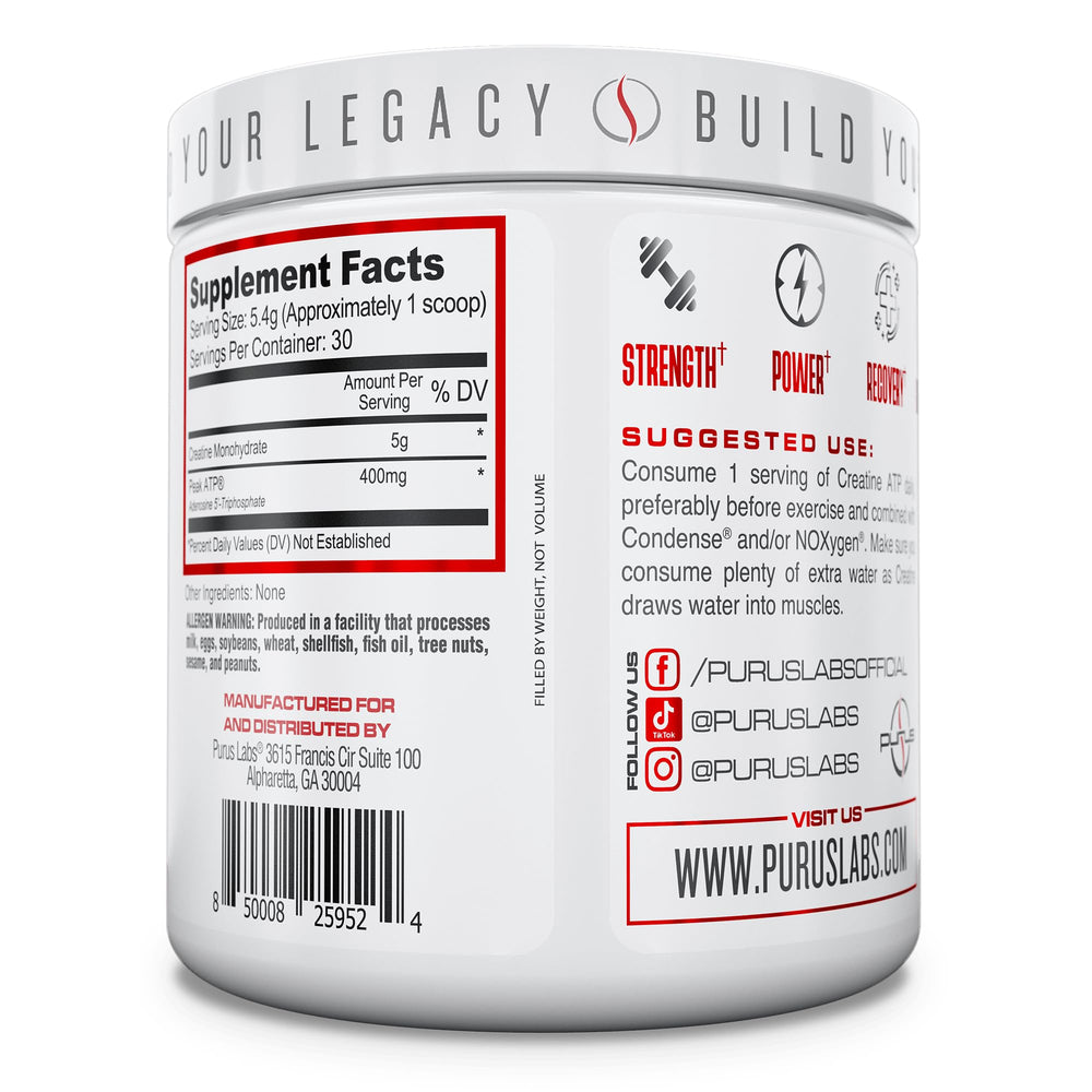 Packaging and authenticity seal on Purus Labs Creatine ATP bottle