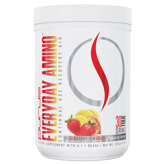 Purus Labs Everyday Amino BCAA Powder Strawberry Lemonade jar with scoop