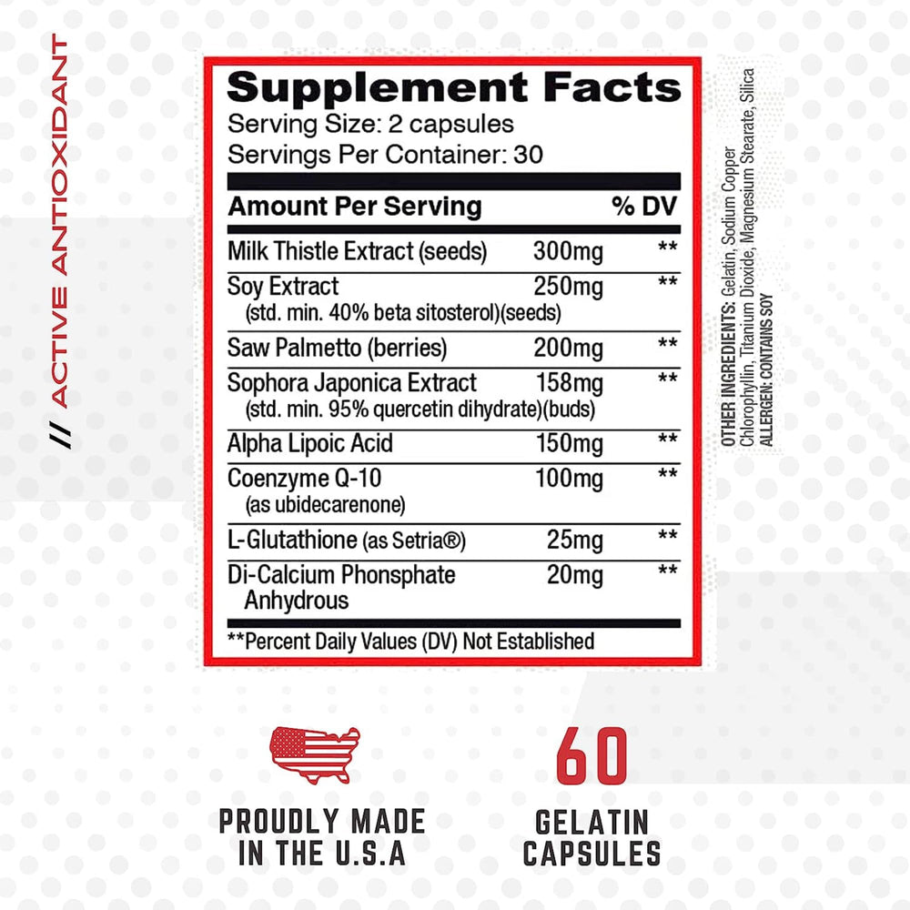 Illustration of primary ingredients including Milk Thistle, Glutathione, and CoQ10