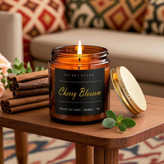 Lifestyle scene showing cherry blossom scented candle for home meditation