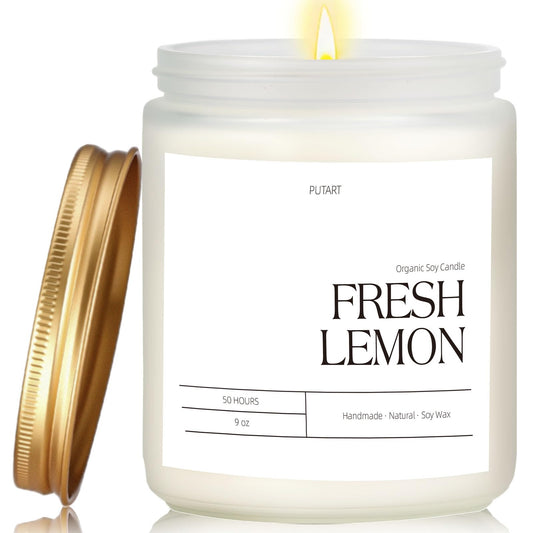 Putart Fresh Lemon 9oz natural soy candle in frosted white jar with gold lid