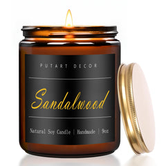Putart Sandalwood scented candle in amber jar with gold lid