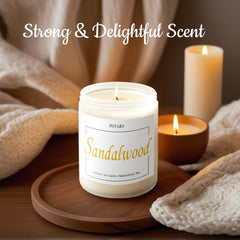 Close-up of candle label showing sandalwood scent and 9oz jar
