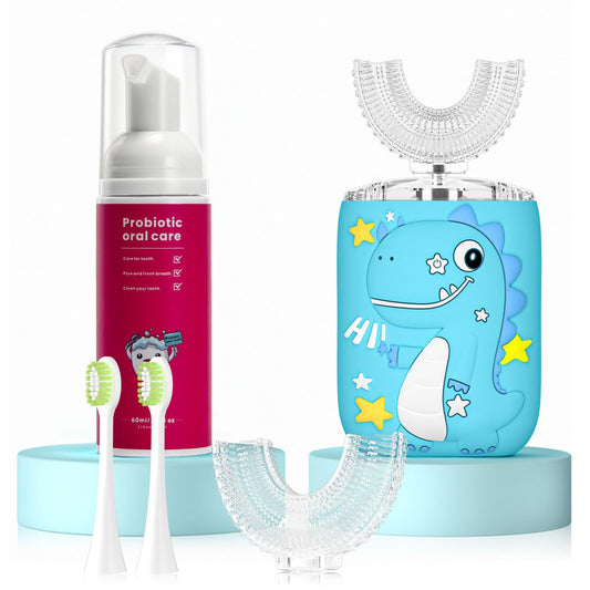 PVOGRT Kids Electric U-Shaped Toothbrush blue with U-shaped head and 360° cleaning