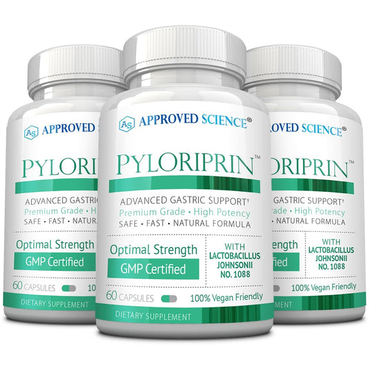 Pyloriprin bottle with label and 180 capsules