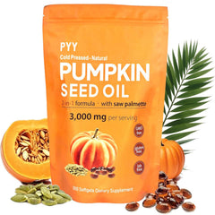 Bottle of PYY pumpkin seed oil and saw palmetto softgels, 300-count.