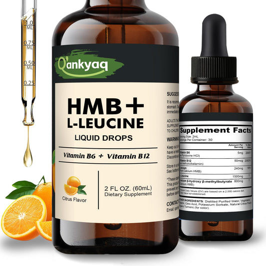 Q'ankyaq Leucine HMB liquid drops bottle and label
