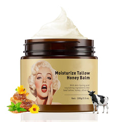 Qawnfy whipped tallow honey balm packaging showcasing natural ingredients and premium design.