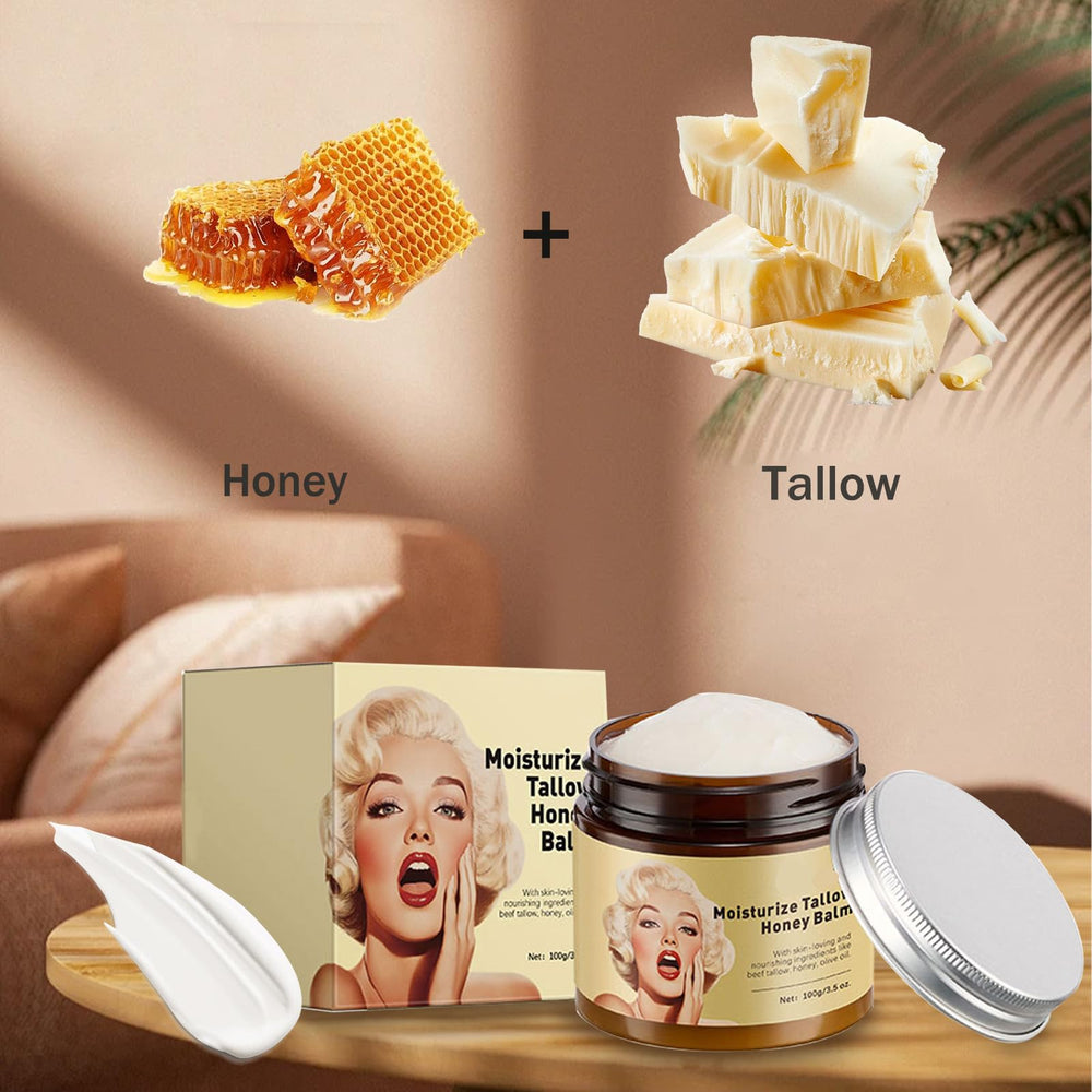 Qawnfy whipped tallow honey balm texture close-up, creamy and silky for deep hydration.