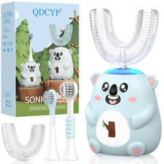 QDCYP kids U-shaped electric toothbrush with grey-blue koala design, front view
