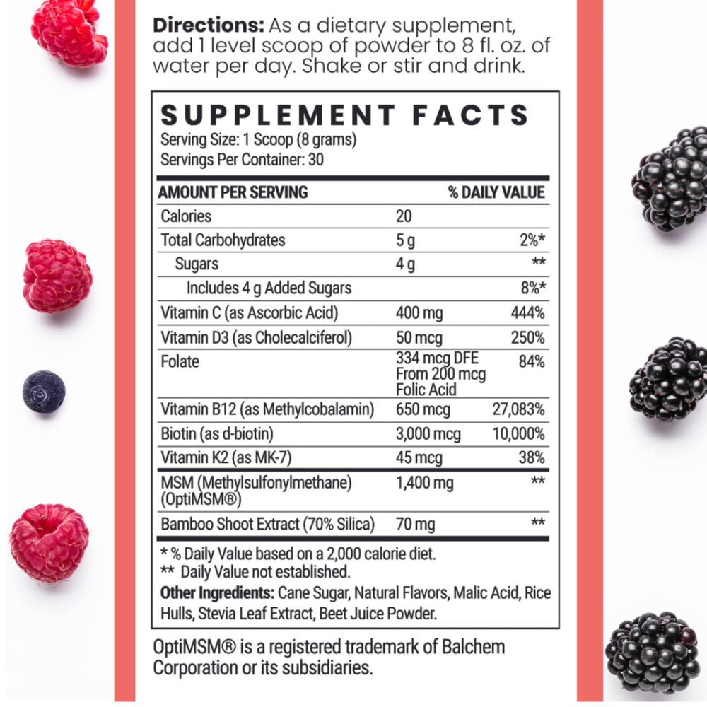 Ingredients: OptiMSM, Biotin, Bamboo Silica, Vitamins D3 and B12