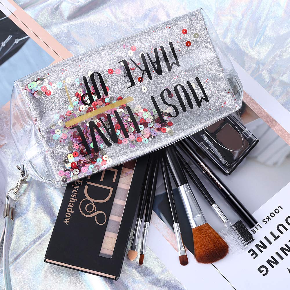 QiBest quicksand cosmetic bag stores all components in a stylish, portable case