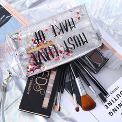 QiBest quicksand cosmetic bag stores all components in a stylish, portable case