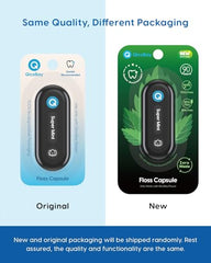 Usage scenario showing capsule in flosser with packaging in background