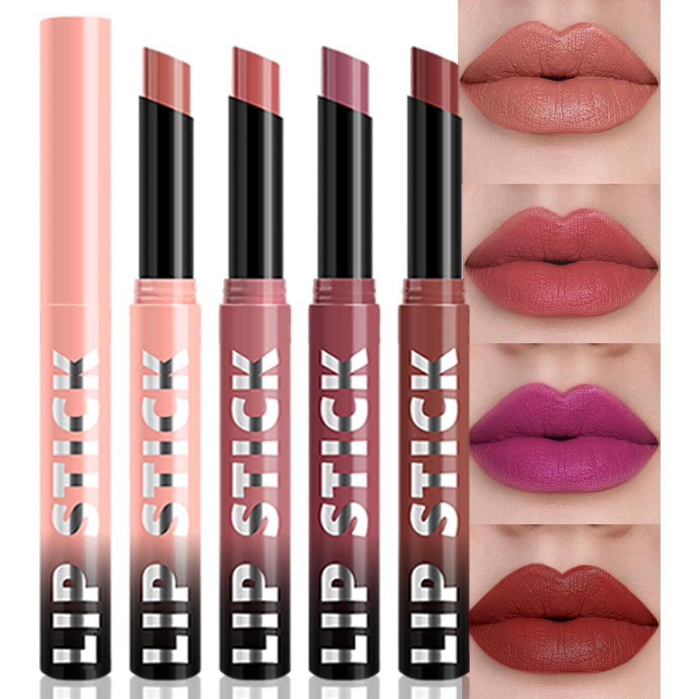 QIDSTERS 4Pcs Matte Lipstick Crayon Set offers versatile nude shades for everyday lips.
