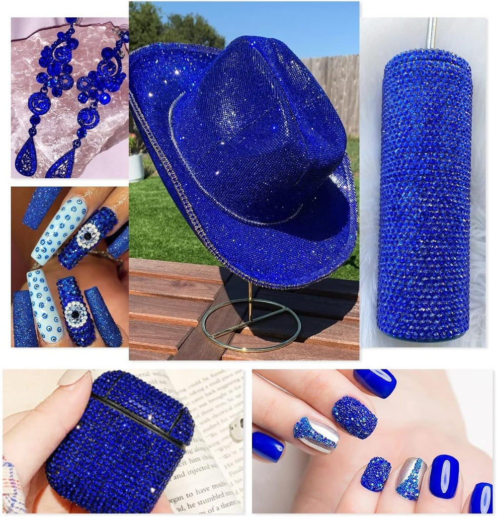 Qiipii blue AB rhinestones kit includes tweezers and wax pen for precise placement
