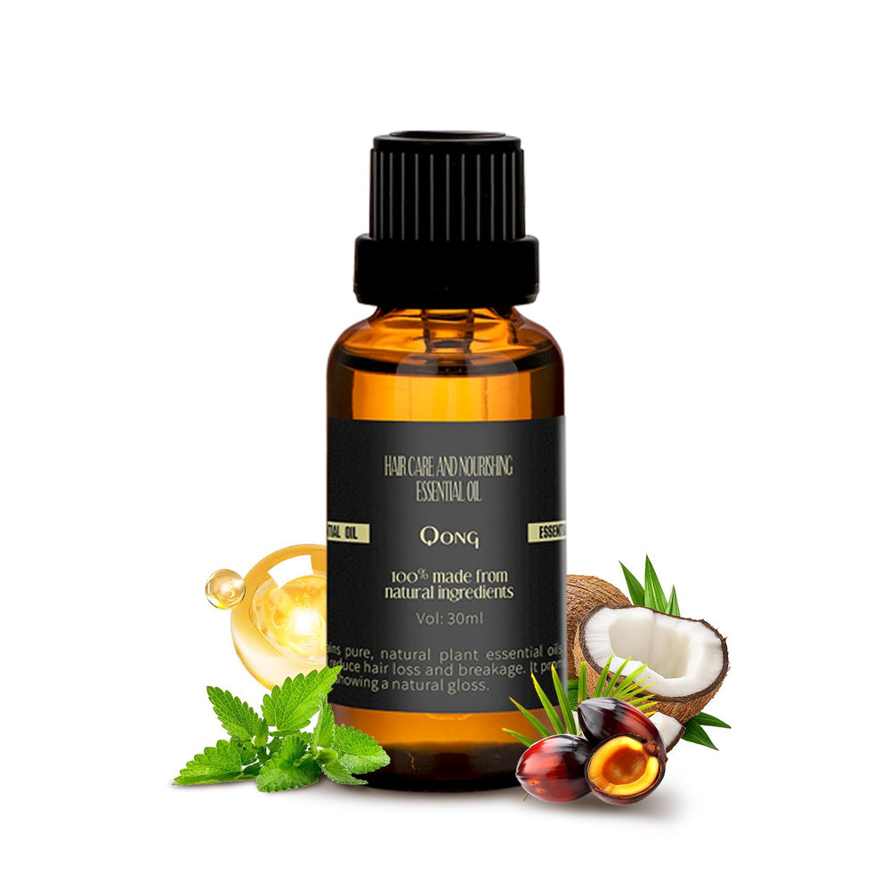 Qong Peppermint Oil Blend bottle close-up for scalp care
