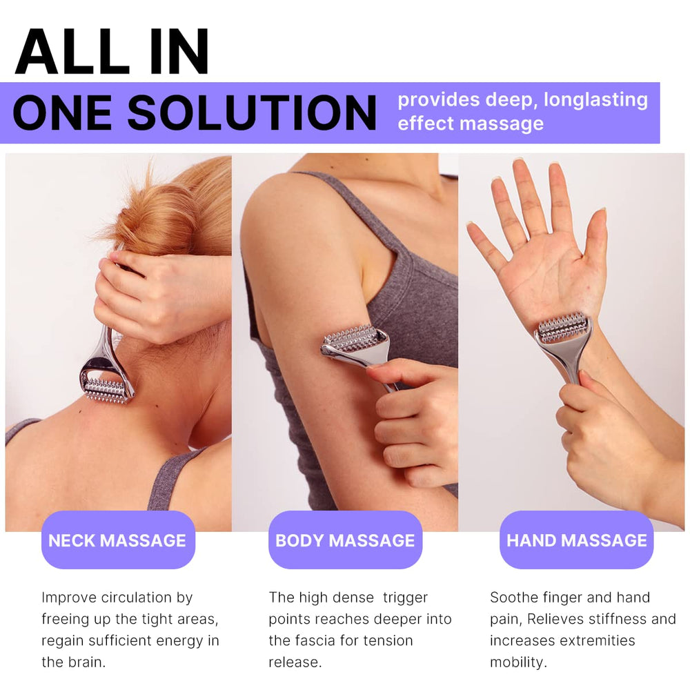 Hands using the massage roller on fingers and hand