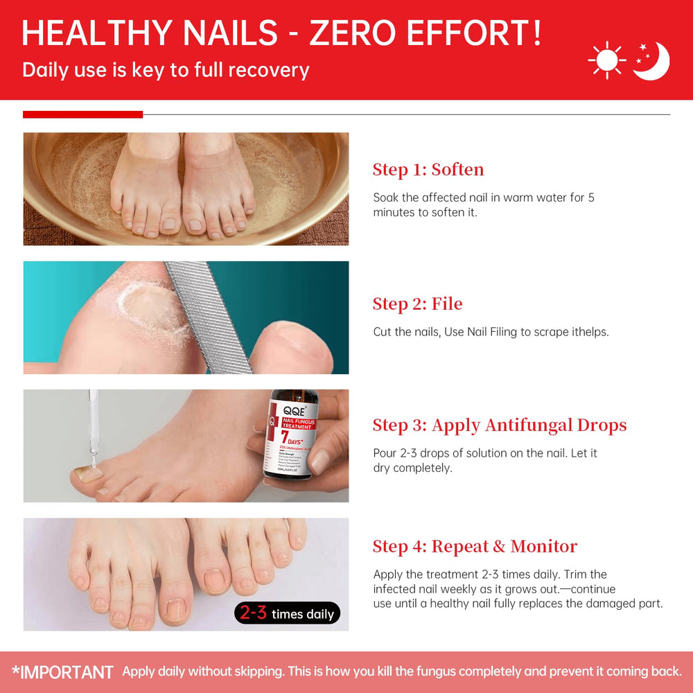 QQE Nail Fungus Treatment drops on nail demonstrate easy at-home care.