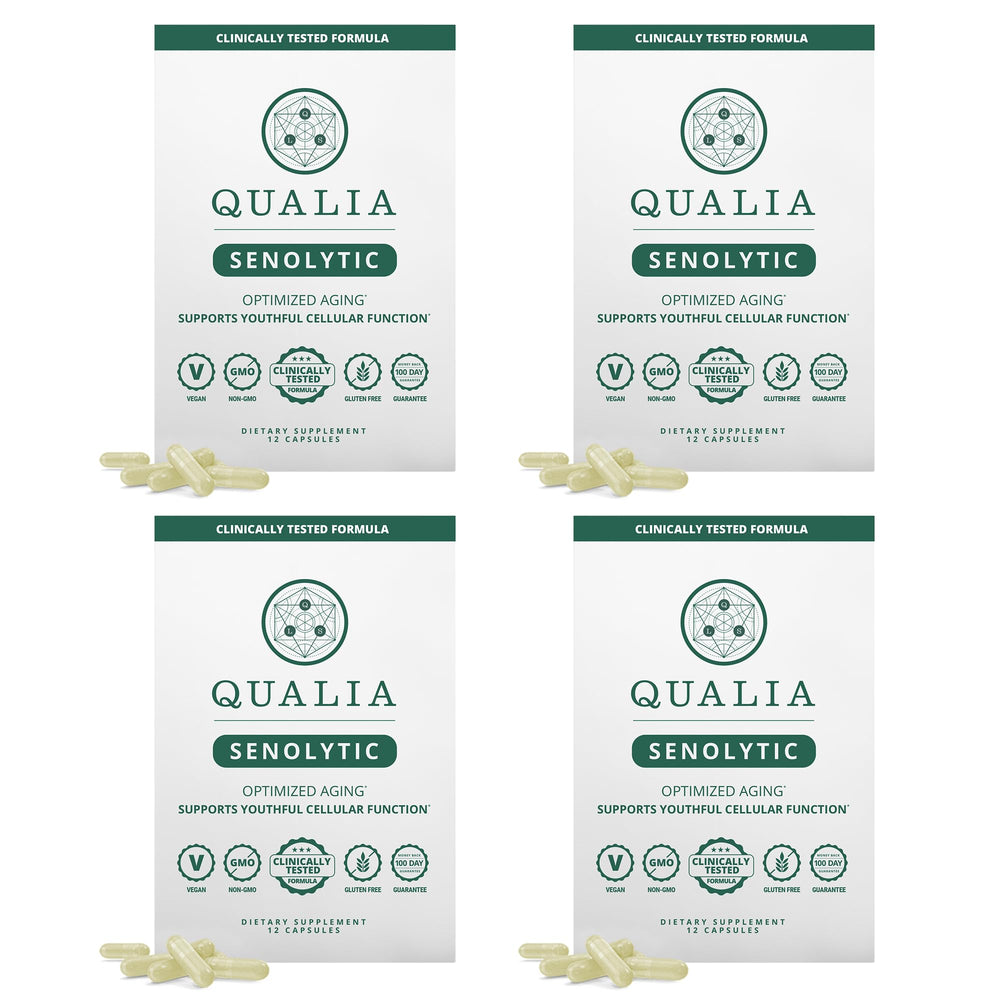 Qualia Senolytic bottle close-up with capsules supporting daily wellness.