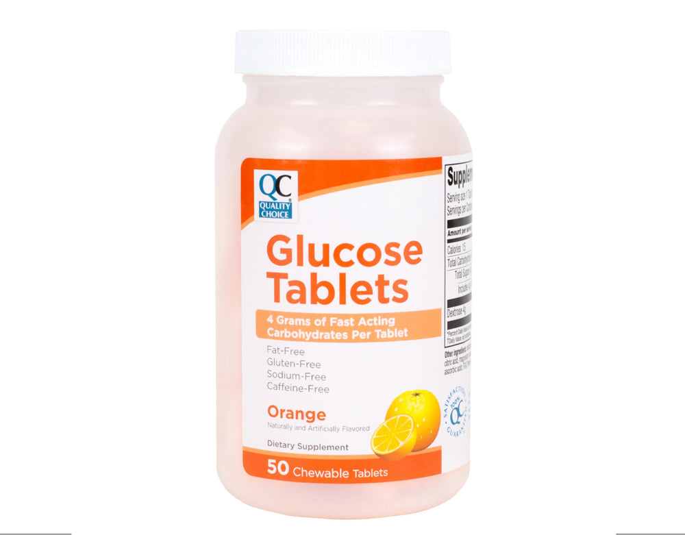 Front view of Quality Choice fast acting glucose tablets orange flavor bottle