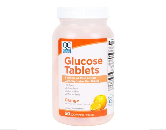 Front view of Quality Choice fast acting glucose tablets orange flavor bottle