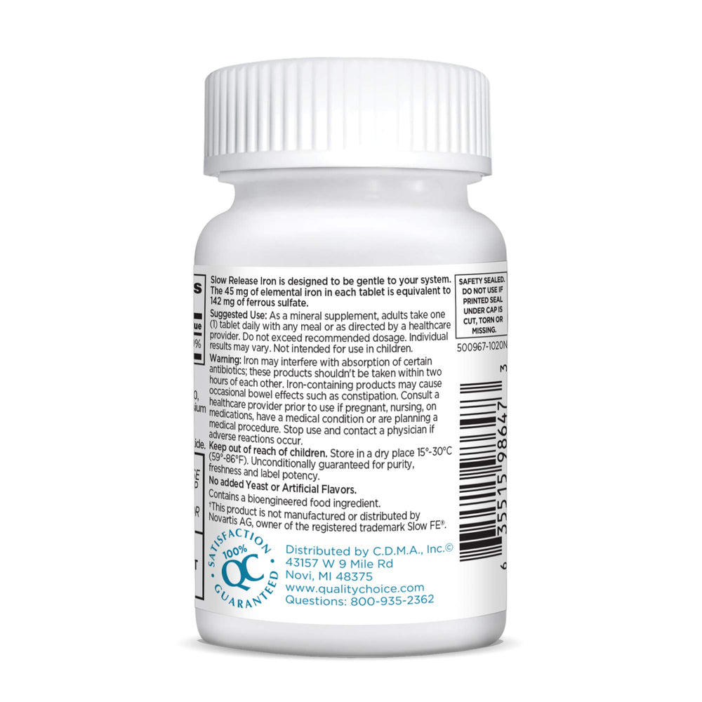 Slow release iron tablets packaging showing 45 mg potency