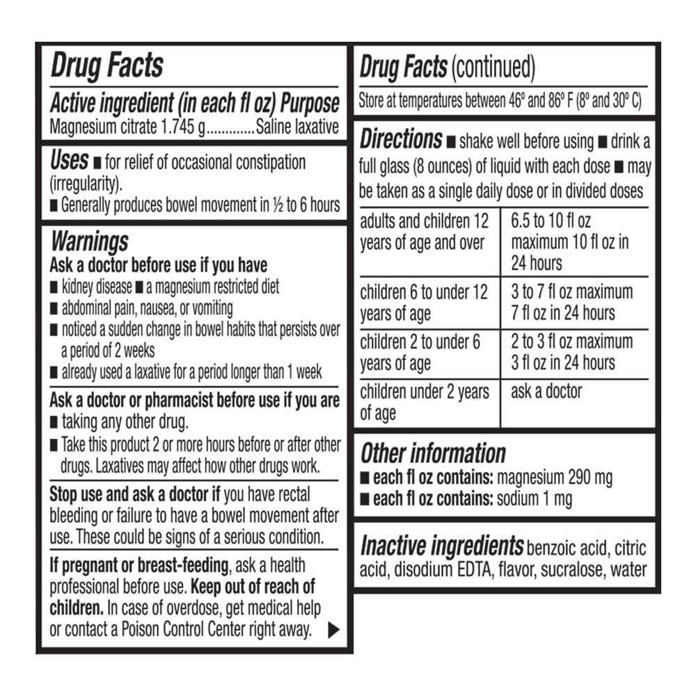 Dosage chart for Quality Choice Magnesium Citrate 10oz