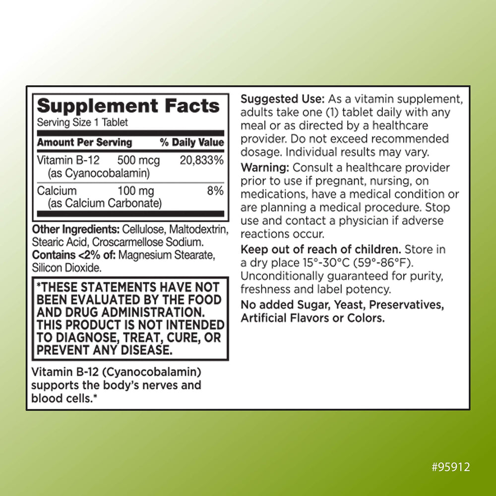 Close-up of Quality Choice Vitamin B12 500 mcg tablets from the bottle