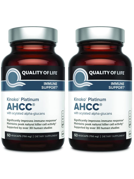 Quality of Life AHCC Kinoko Platinum 750 mg bottle with multipack