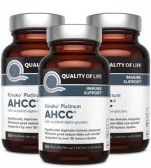 Front view of Quality of Life AHCC Kinoko Platinum 750 mg bottle in a 3-pack (60 count).