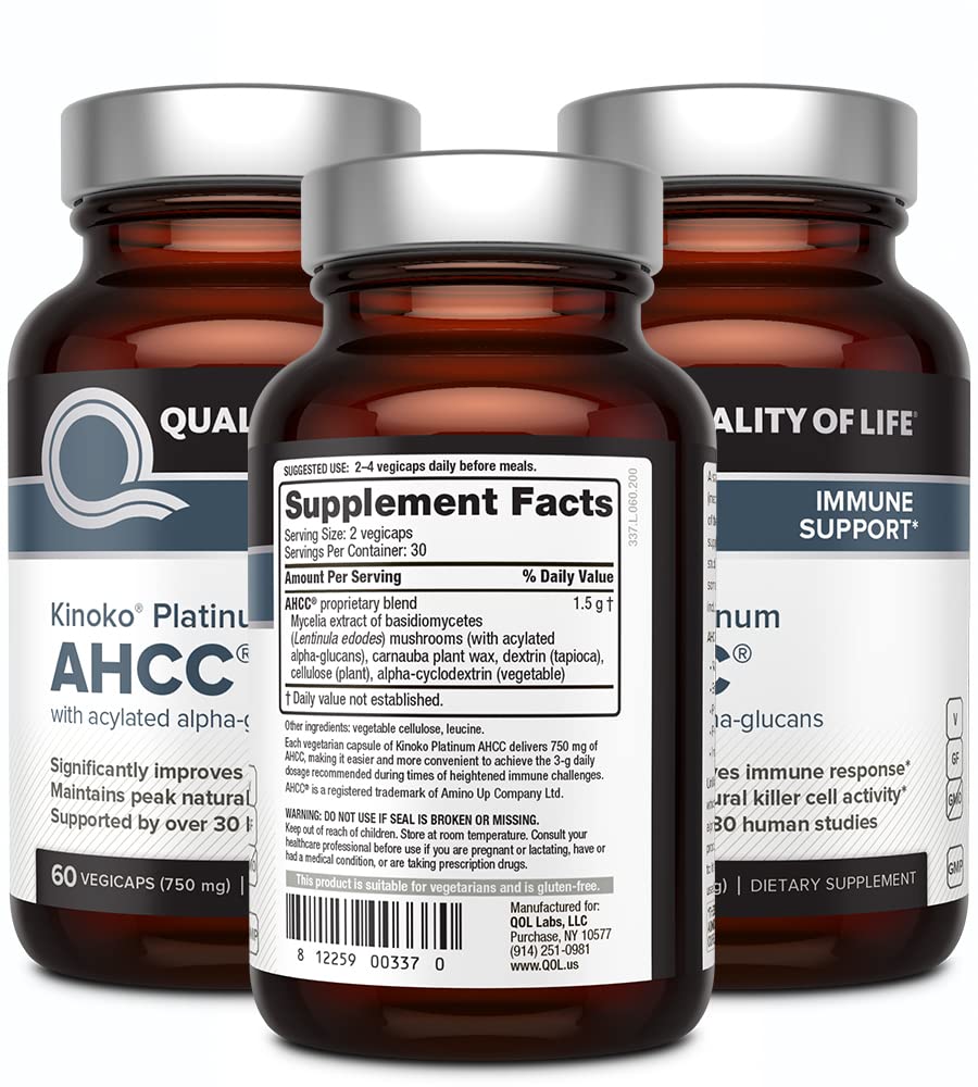 AHCC Kinoko Platinum 750 mg bottle label detail.