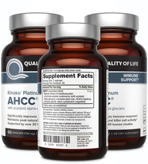 AHCC Kinoko Platinum 750 mg bottle label detail.