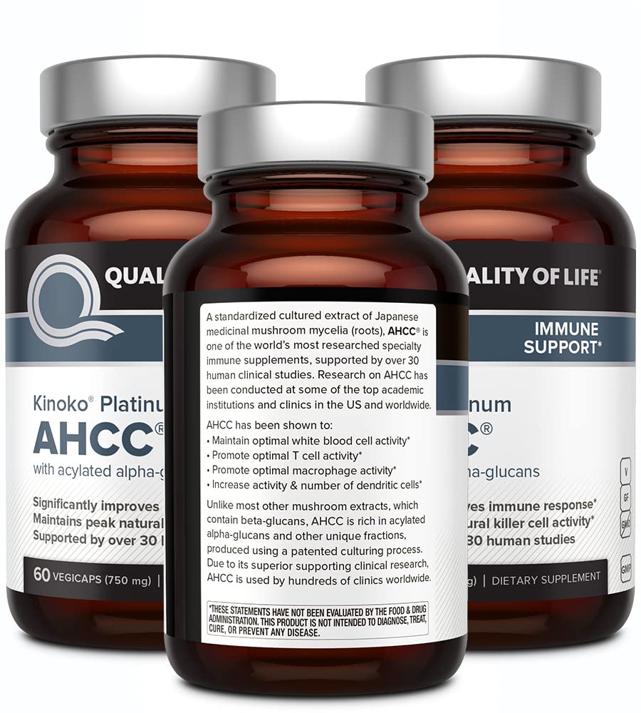 Nutrition information for AHCC Kinoko Platinum 750 mg bottle.