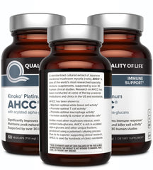 Nutrition information for AHCC Kinoko Platinum 750 mg bottle.