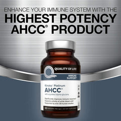 Side view of the Quality of Life AHCC Kinoko Platinum 750 mg bottle.