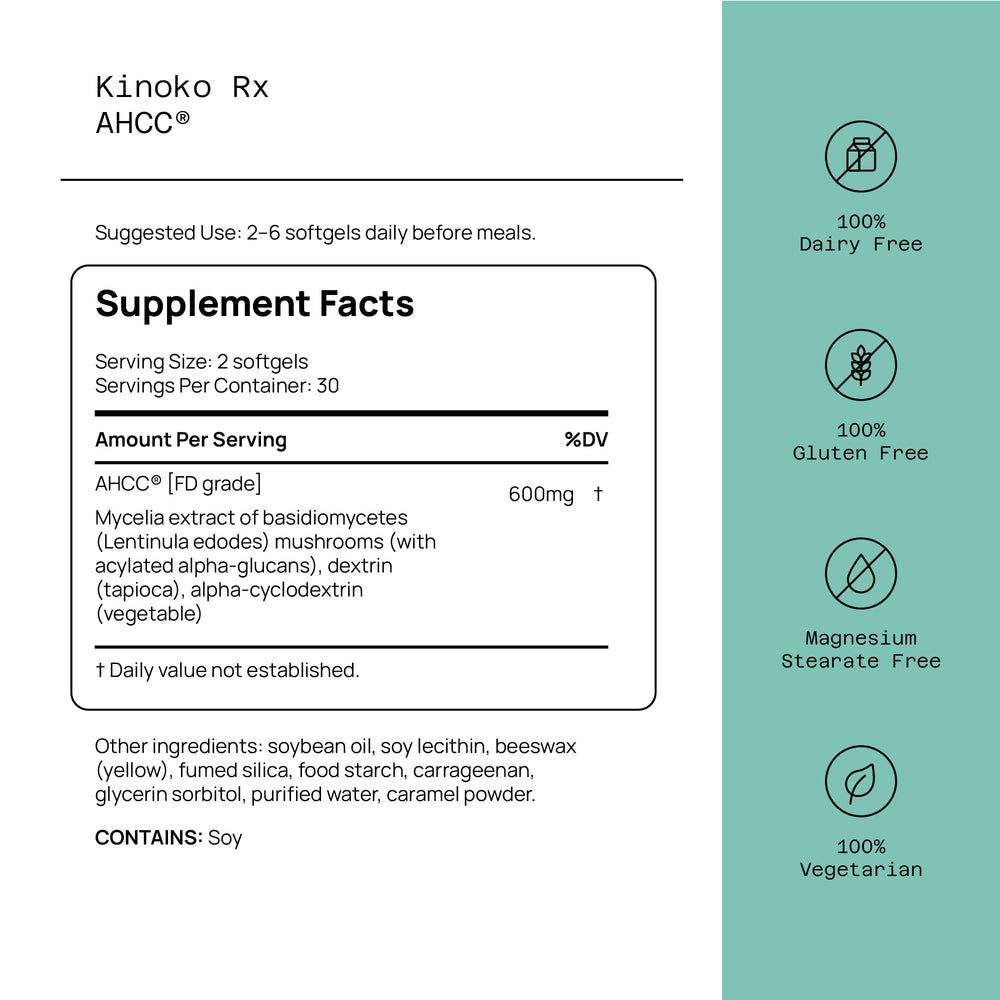 Close-up of AHCC Rx 60 softgels bottle label