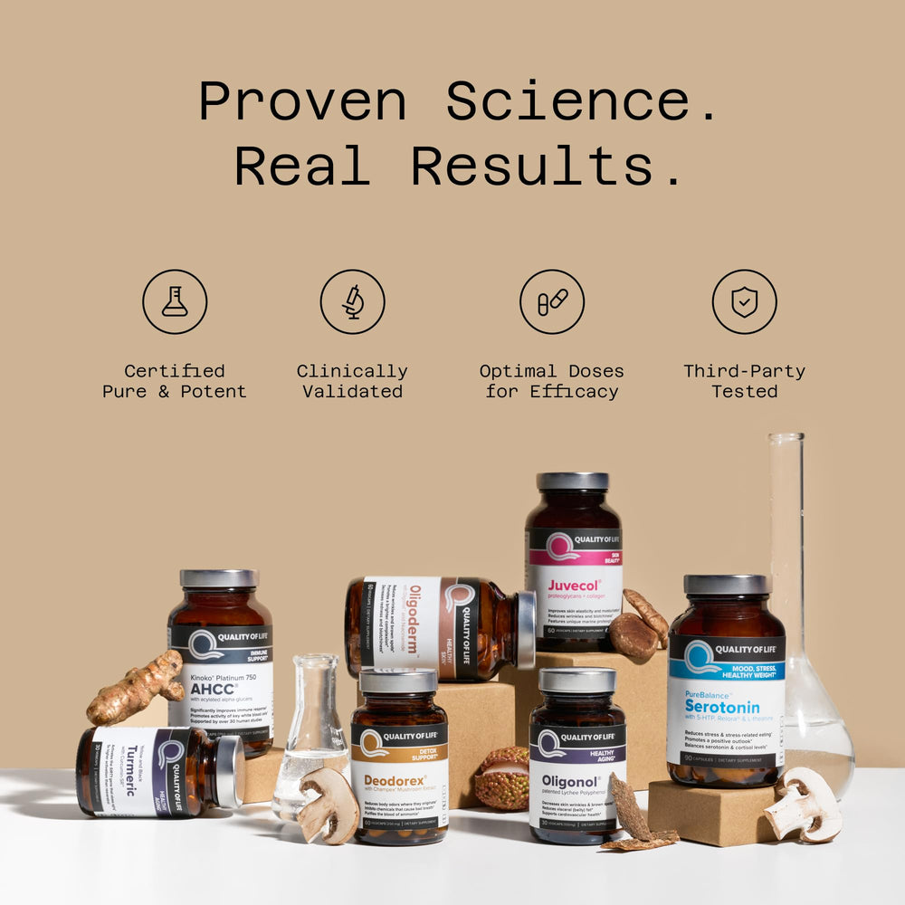 Quality of Life Kinoko Gold AHCC packaging open showing capsules.