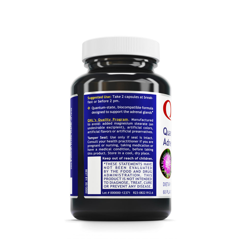 Adrenal health supplement bottle label highlighting vegan capsules