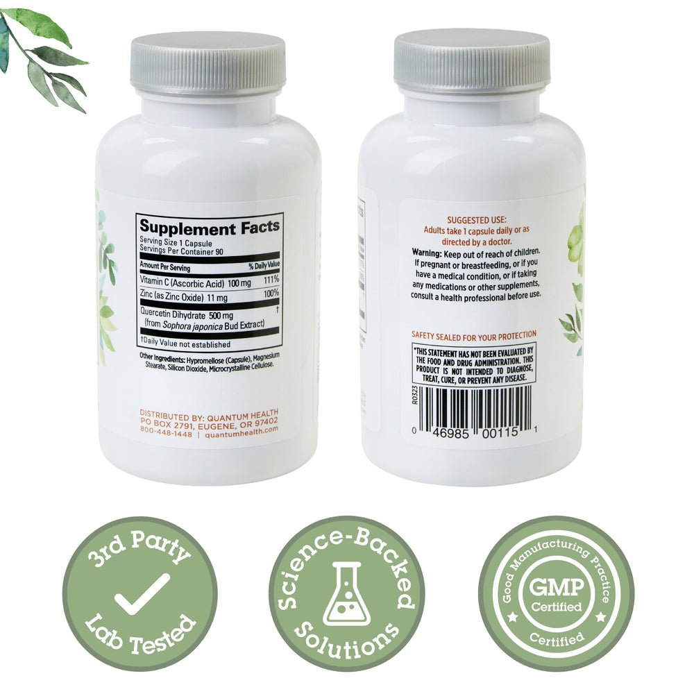 Back label of Quercetin+ 500mg bottle showing ingredients