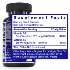 Vegan, gluten-free Vitamin D3 and K2 plant-based capsules