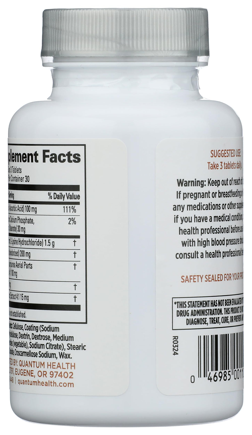 Close-up of Lysine+ tablets showing 90 count